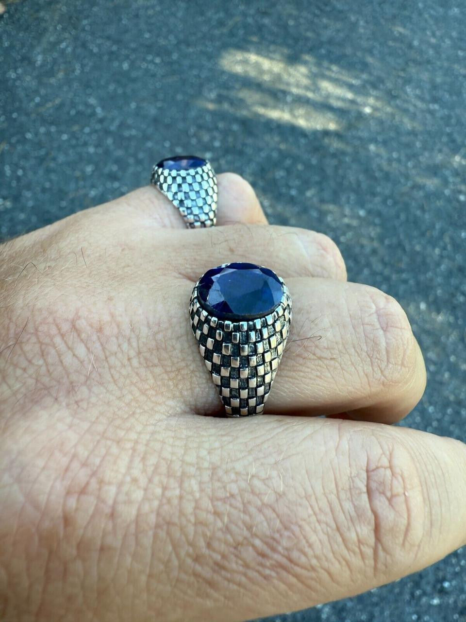 HarlemBling Black & White Ring - 925 Silver Oxidized - Genuine Blue Sapphire Stone