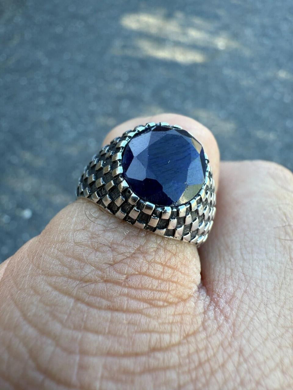 HarlemBling Black & White Ring - 925 Silver Oxidized - Genuine Blue Sapphire Stone