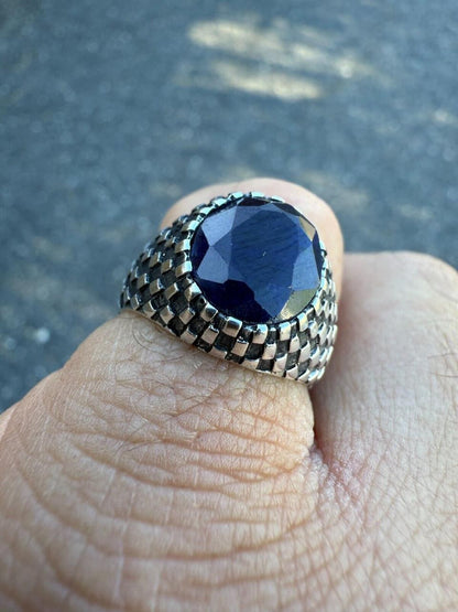 HarlemBling Black & White Ring - 925 Silver Oxidized - Genuine Blue Sapphire Stone