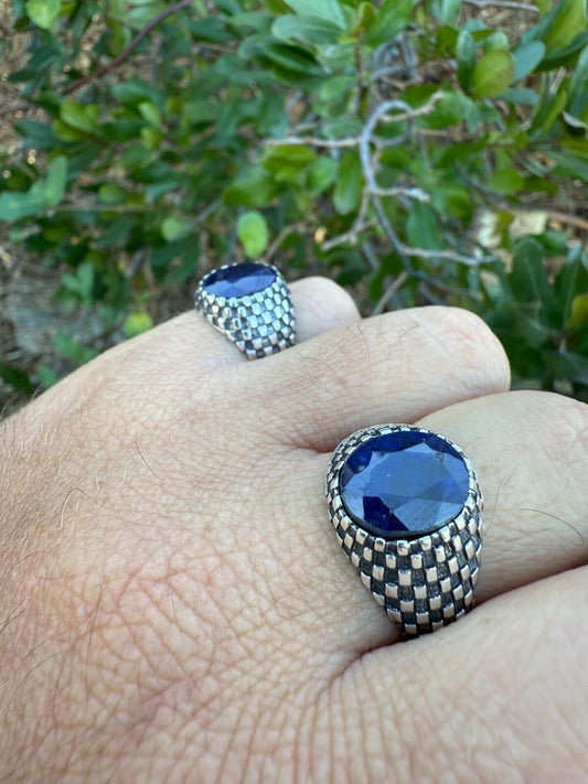 HarlemBling Black & White Ring - 925 Silver Oxidized - Genuine Blue Sapphire Stone