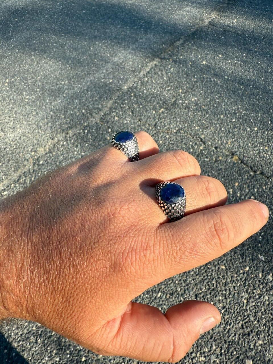 HarlemBling Black & White Ring - 925 Silver Oxidized - Genuine Blue Sapphire Stone
