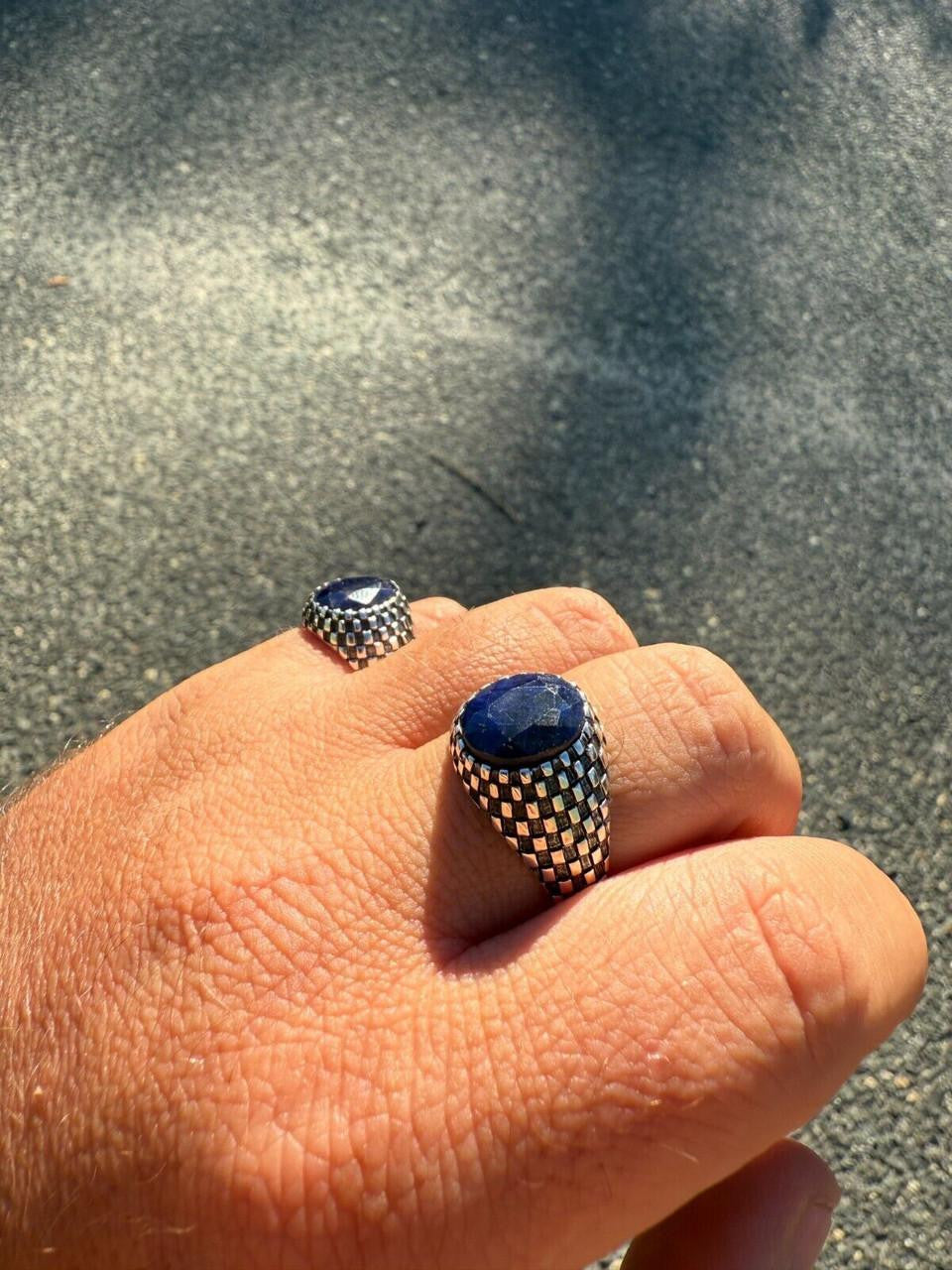 HarlemBling Black & White Ring - 925 Silver Oxidized - Genuine Blue Sapphire Stone