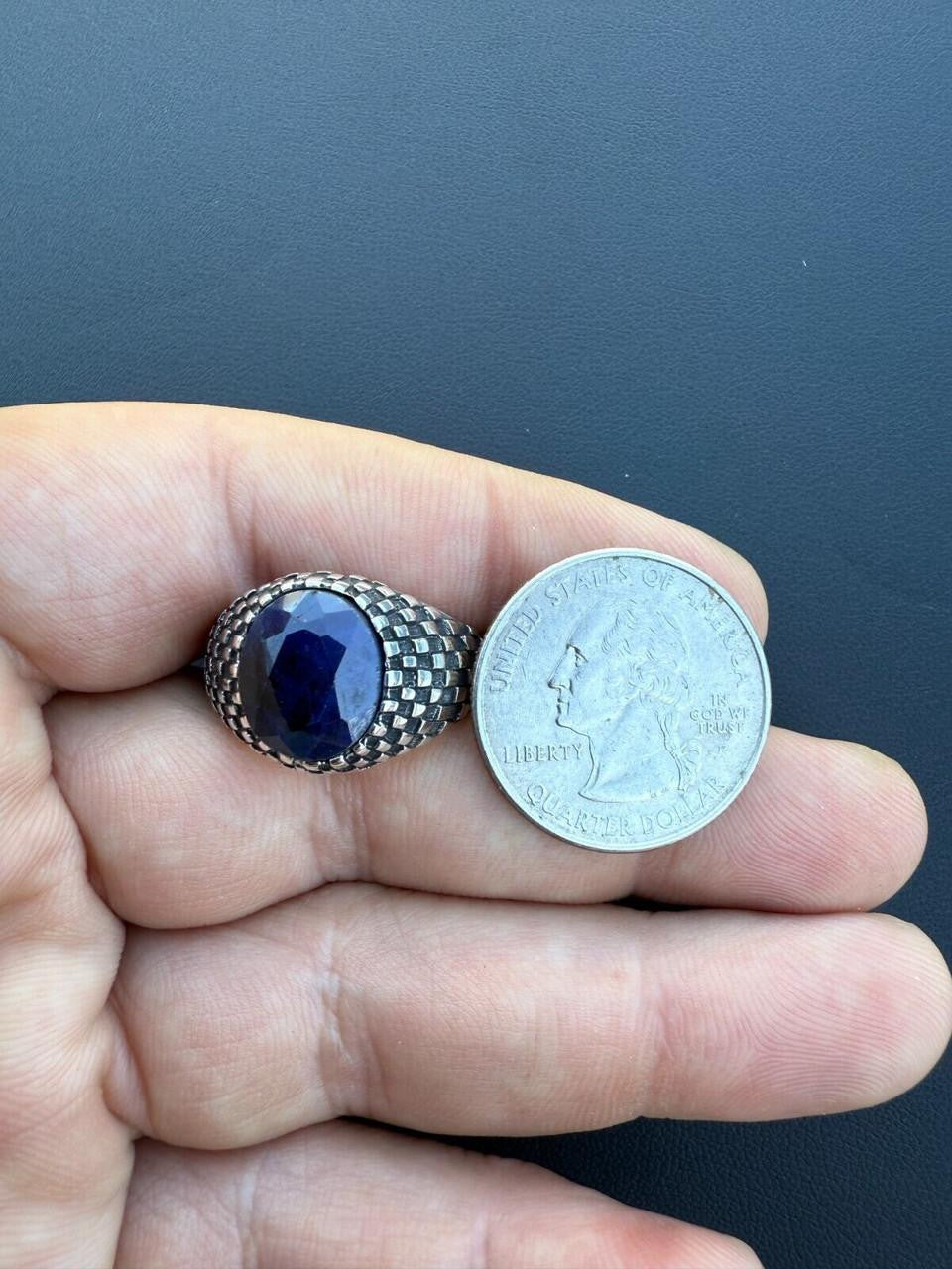 HarlemBling Black & White Ring - 925 Silver Oxidized - Genuine Blue Sapphire Stone