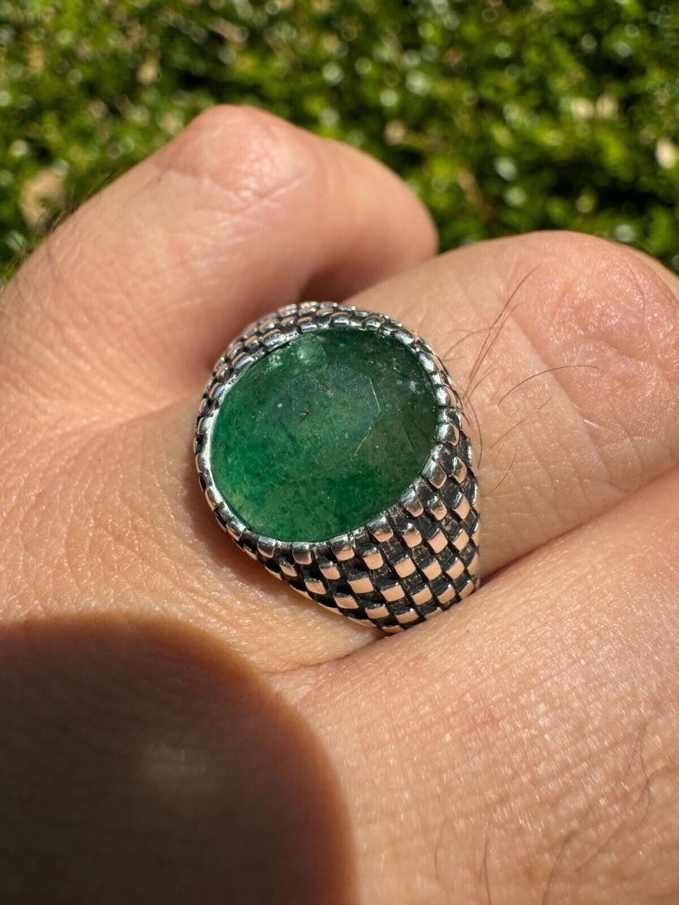 HarlemBling Black & White Ring - 925 Silver Oxidized - Genuine Green Emerald Stone