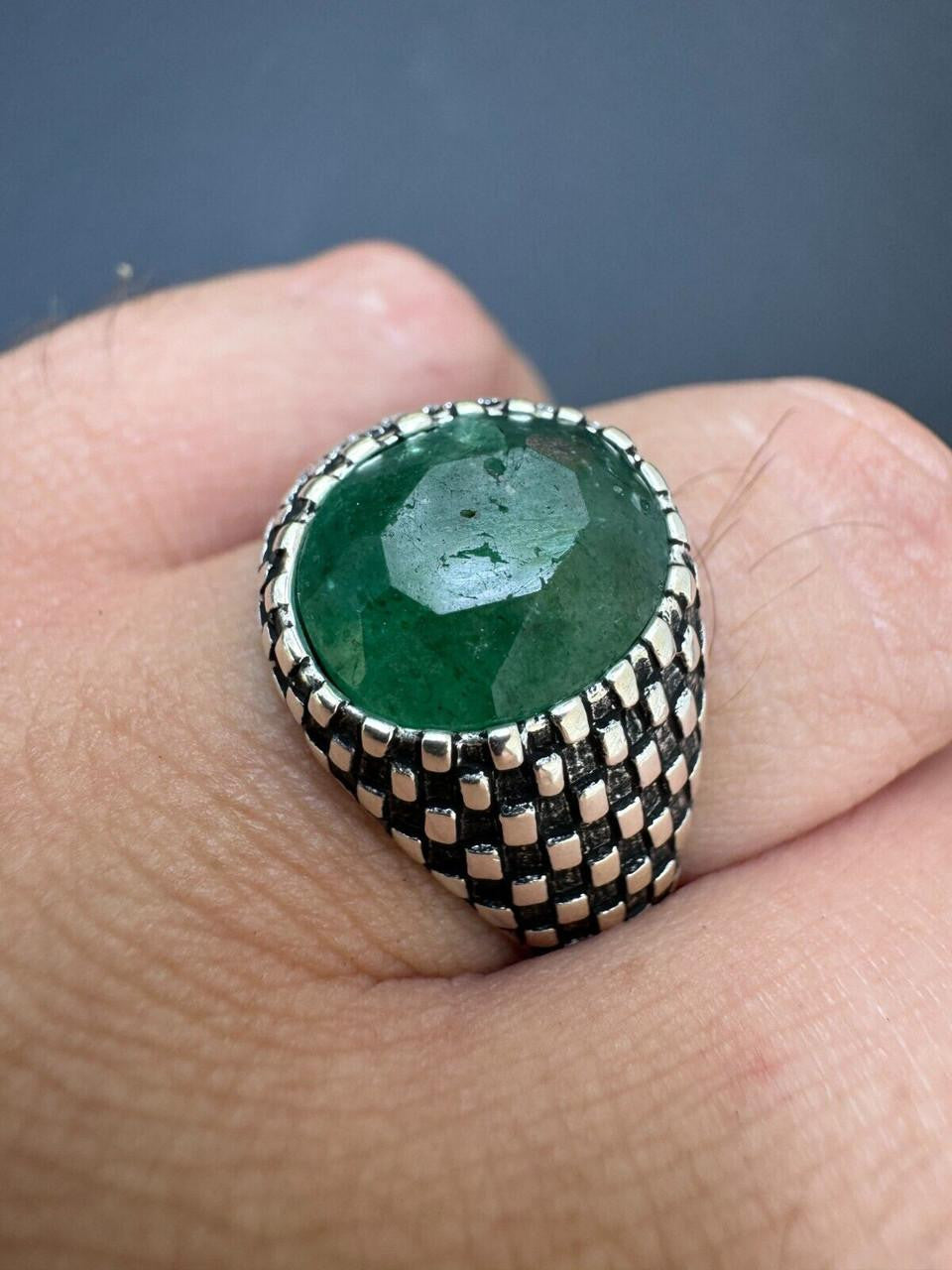 HarlemBling Black & White Ring - 925 Silver Oxidized - Genuine Green Emerald Stone