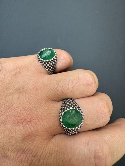 HarlemBling Black & White Ring - 925 Silver Oxidized - Genuine Green Emerald Stone