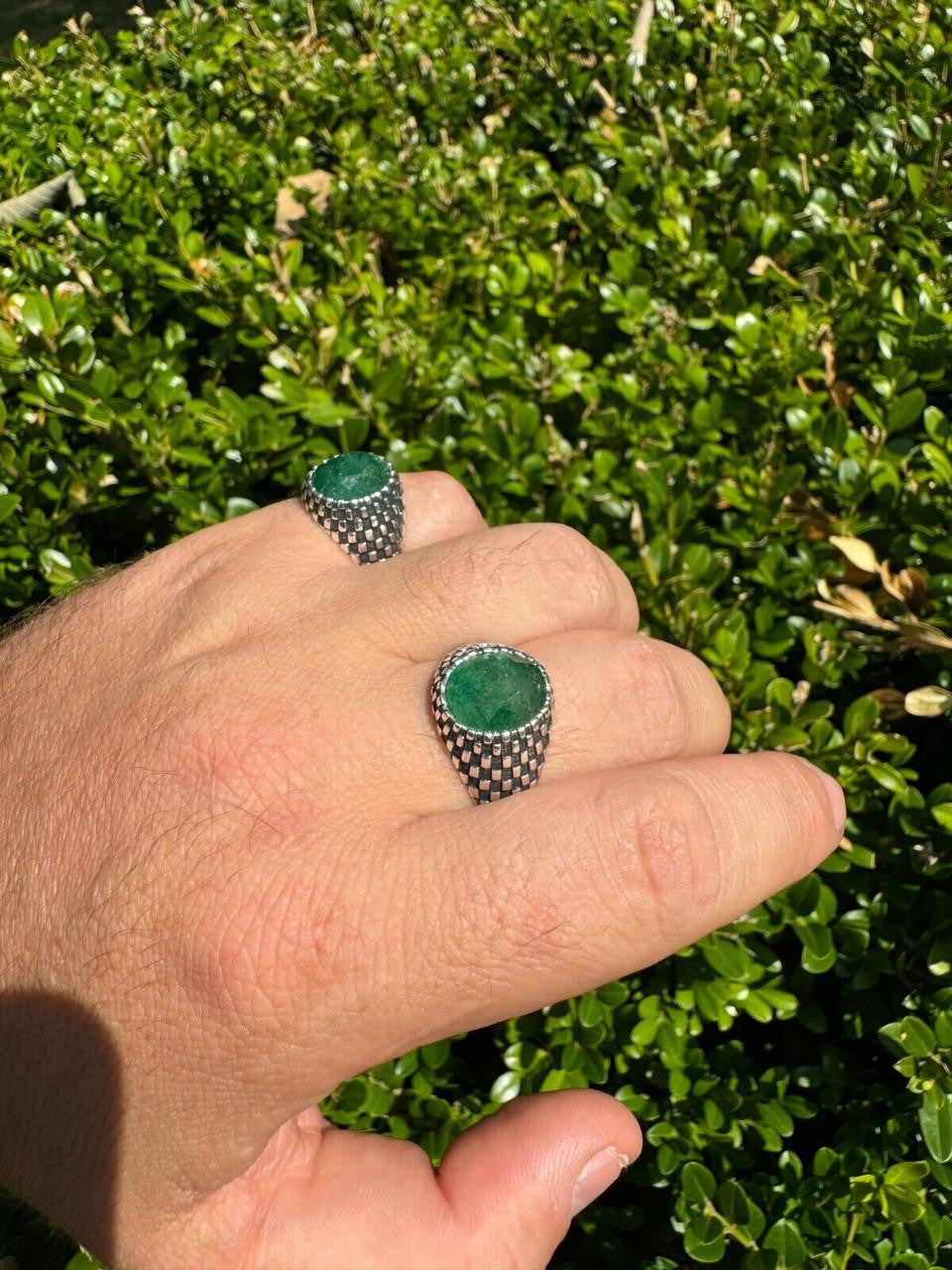 HarlemBling Black & White Ring - 925 Silver Oxidized - Genuine Green Emerald Stone