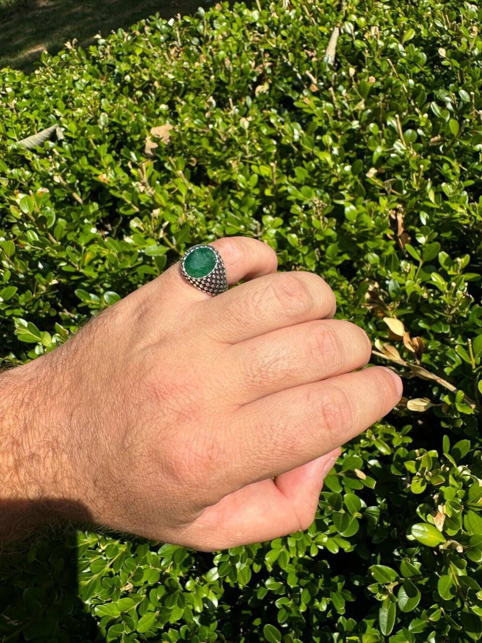 HarlemBling Black & White Ring - 925 Silver Oxidized - Genuine Green Emerald Stone