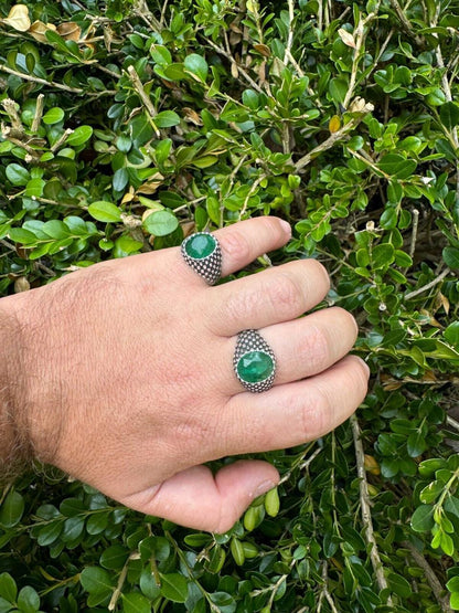 HarlemBling Black & White Ring - 925 Silver Oxidized - Genuine Green Emerald Stone