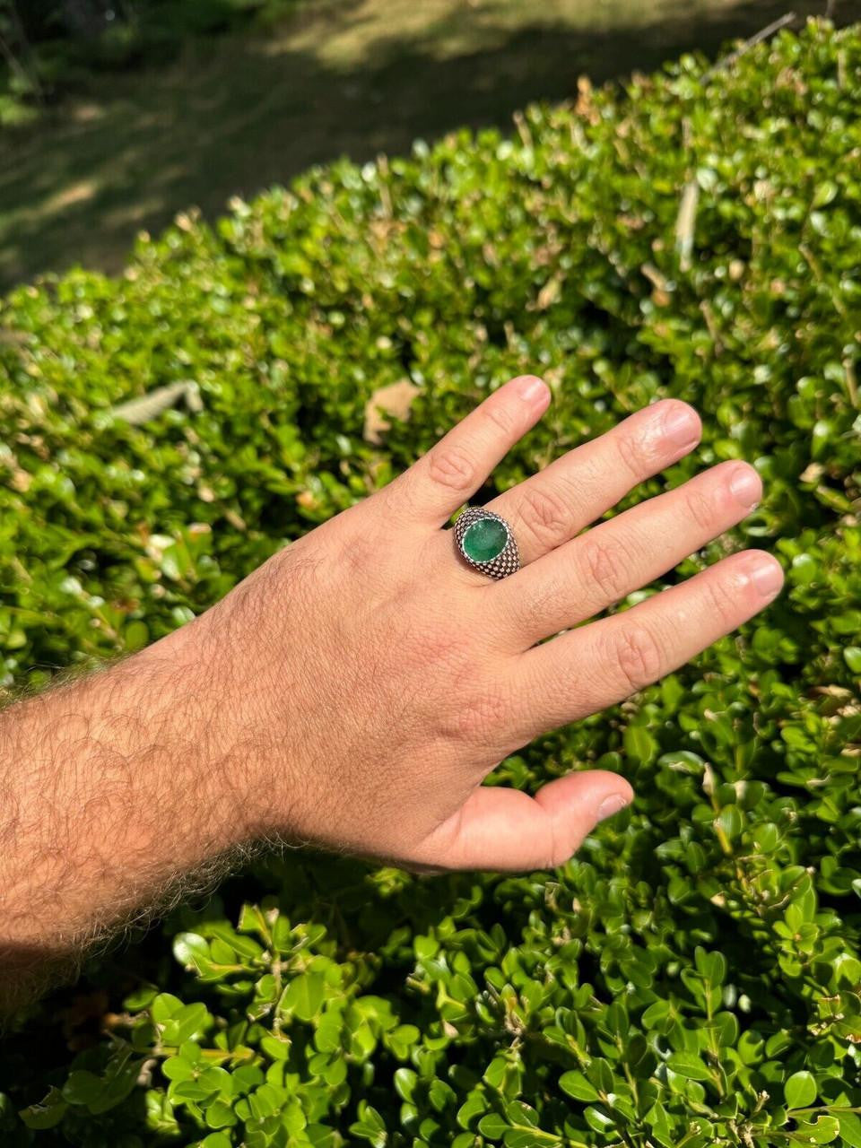 HarlemBling Black & White Ring - 925 Silver Oxidized - Genuine Green Emerald Stone