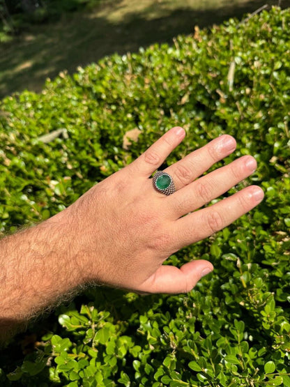 HarlemBling Black & White Ring - 925 Silver Oxidized - Genuine Green Emerald Stone