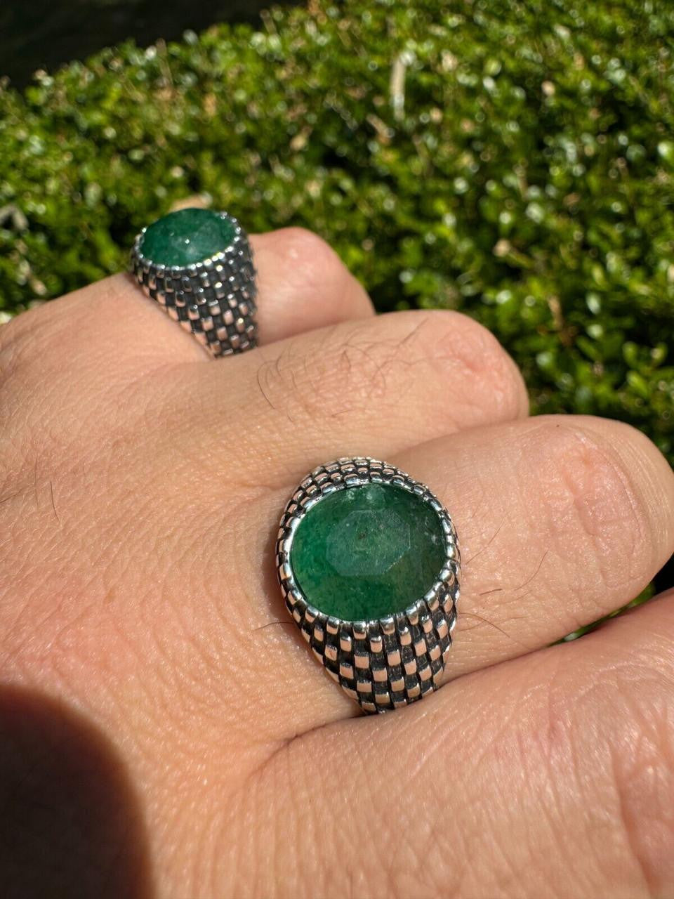 HarlemBling Black & White Ring - 925 Silver Oxidized - Genuine Green Emerald Stone