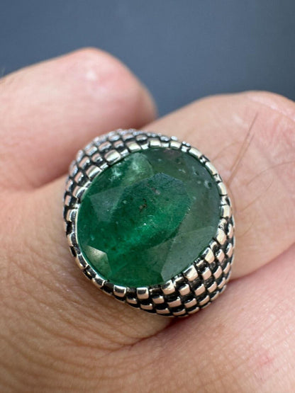 HarlemBling Black & White Ring - 925 Silver Oxidized - Genuine Green Emerald Stone