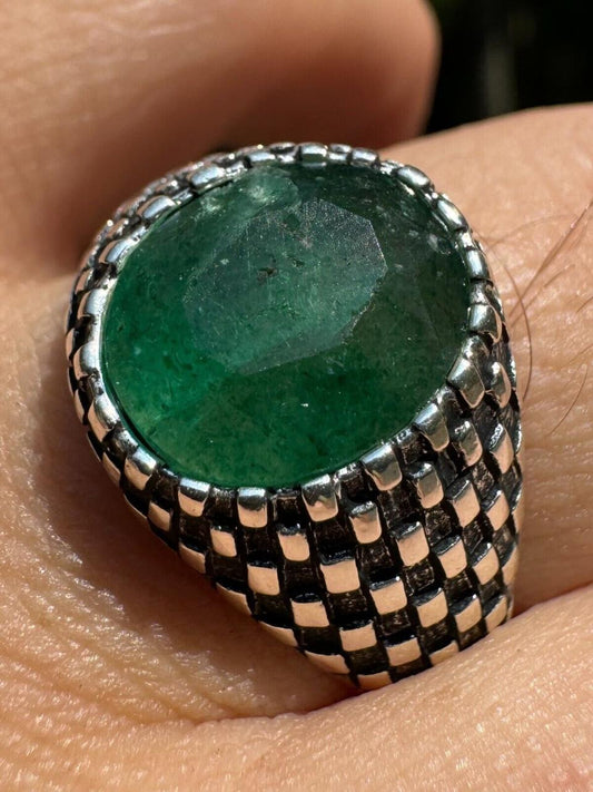 HarlemBling Black & White Ring - 925 Silver Oxidized - Genuine Green Emerald Stone