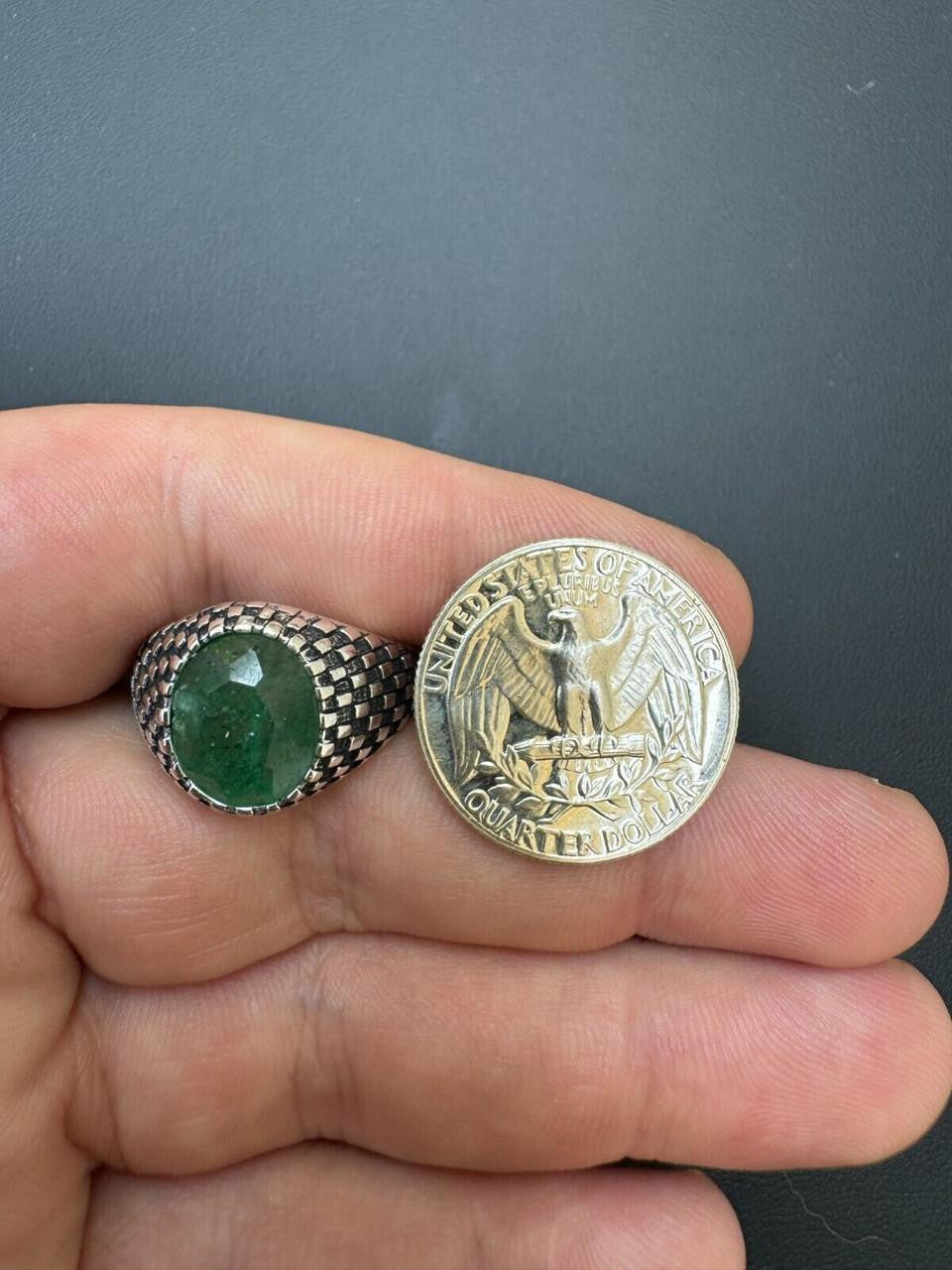 HarlemBling Black & White Ring - 925 Silver Oxidized - Genuine Green Emerald Stone