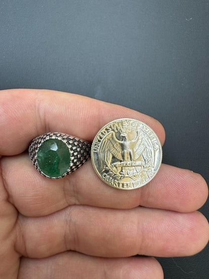 HarlemBling Black & White Ring - 925 Silver Oxidized - Genuine Green Emerald Stone