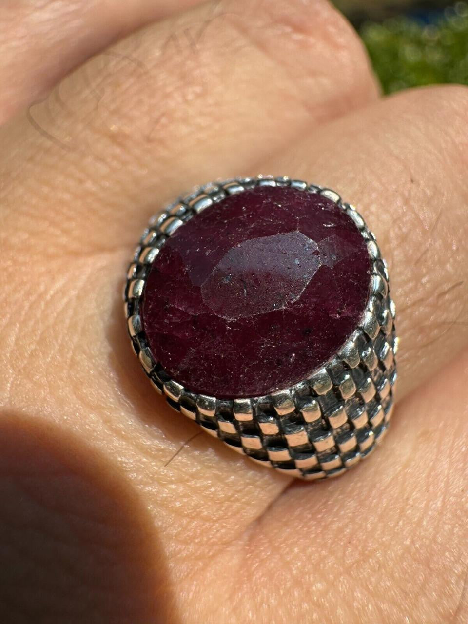 HarlemBling Black & White Ring - 925 Silver Oxidized - Genuine Red Ruby Stone