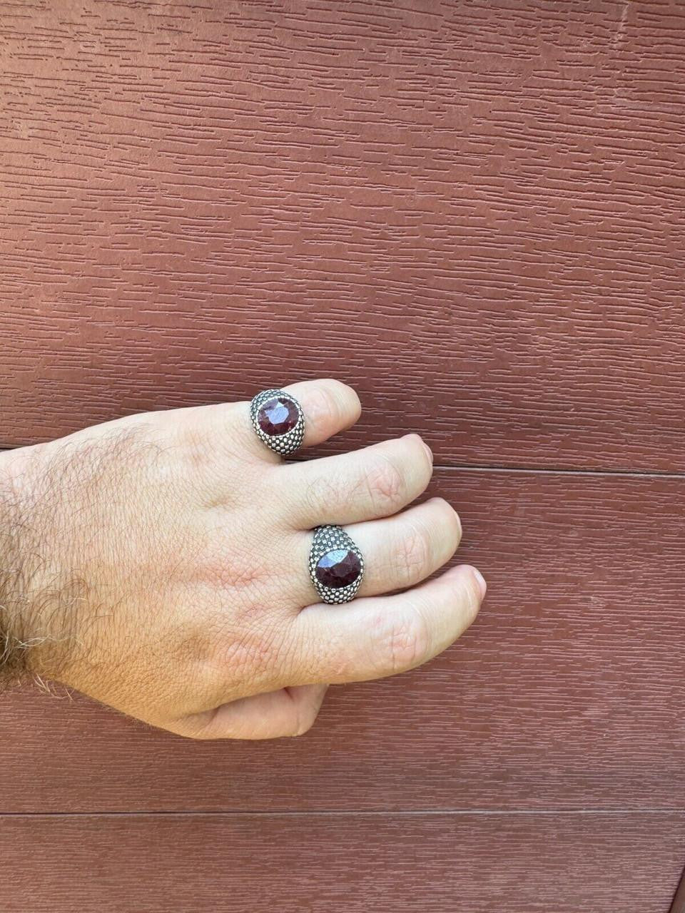 HarlemBling Black & White Ring - 925 Silver Oxidized - Genuine Red Ruby Stone