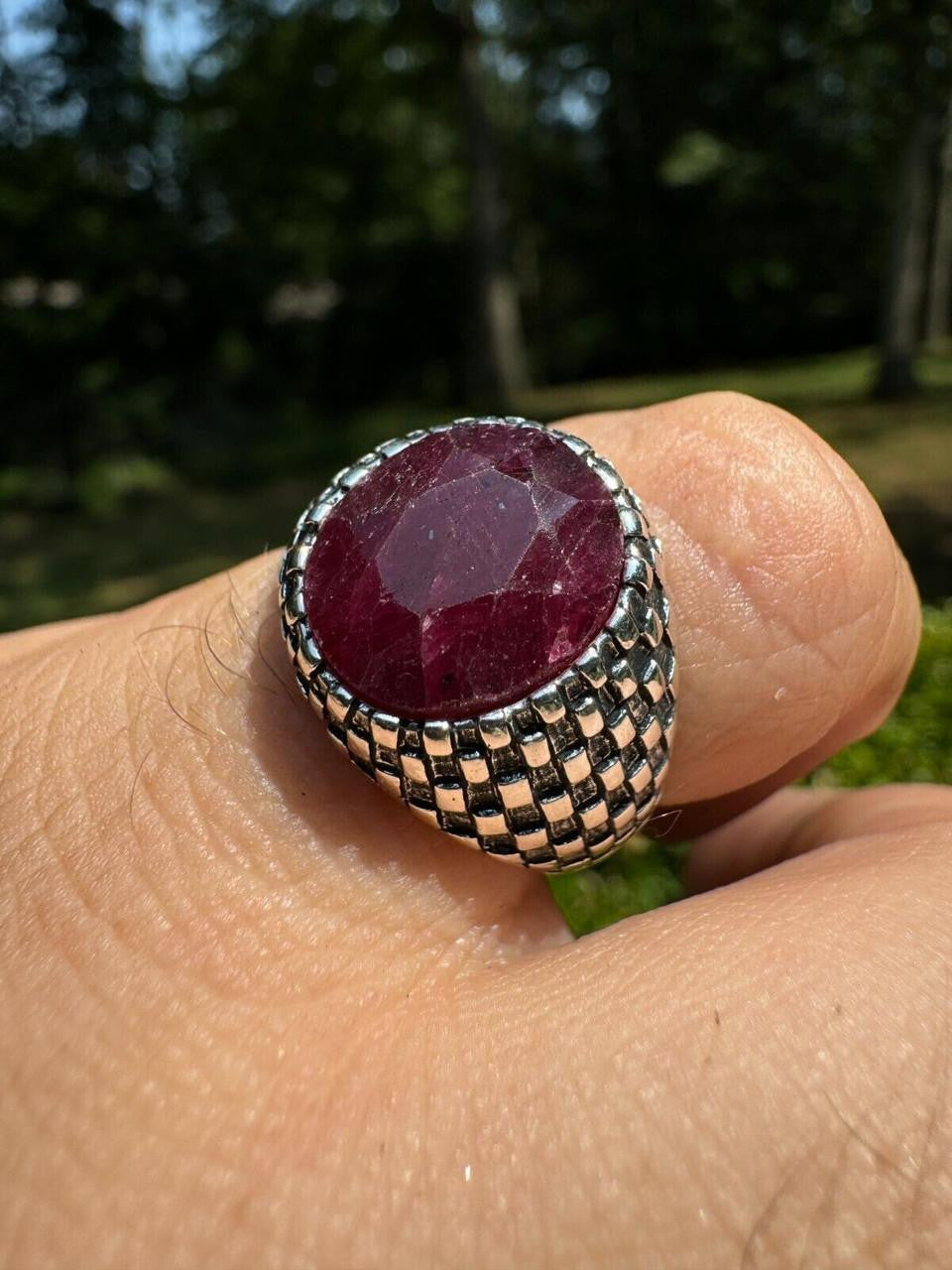 HarlemBling Black & White Ring - 925 Silver Oxidized - Genuine Red Ruby Stone