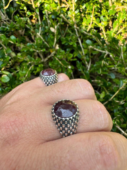 HarlemBling Black & White Ring - 925 Silver Oxidized - Genuine Red Ruby Stone