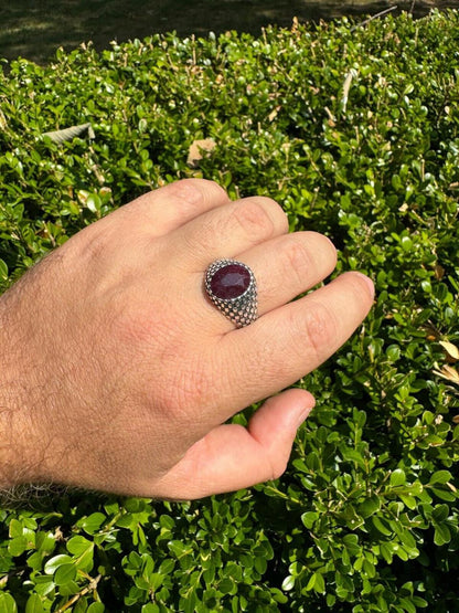 HarlemBling Black & White Ring - 925 Silver Oxidized - Genuine Red Ruby Stone