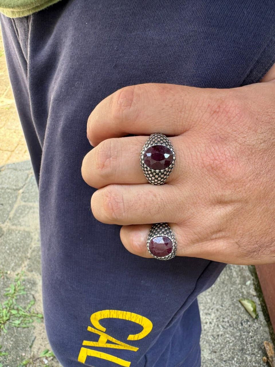 HarlemBling Black & White Ring - 925 Silver Oxidized - Genuine Red Ruby Stone