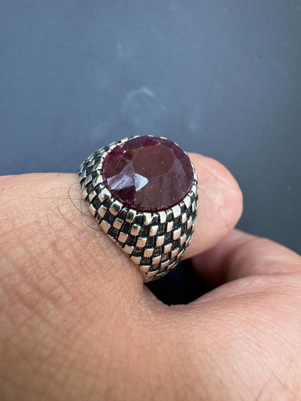 HarlemBling Black & White Ring - 925 Silver Oxidized - Genuine Red Ruby Stone