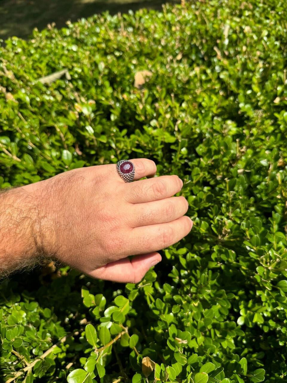 HarlemBling Black & White Ring - 925 Silver Oxidized - Genuine Red Ruby Stone