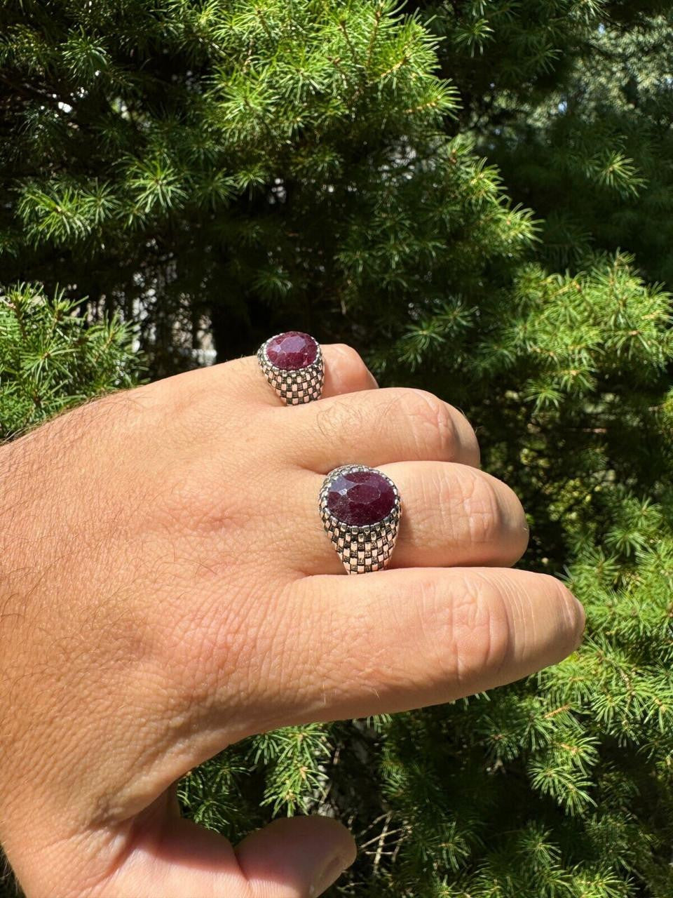 HarlemBling Black & White Ring - 925 Silver Oxidized - Genuine Red Ruby Stone