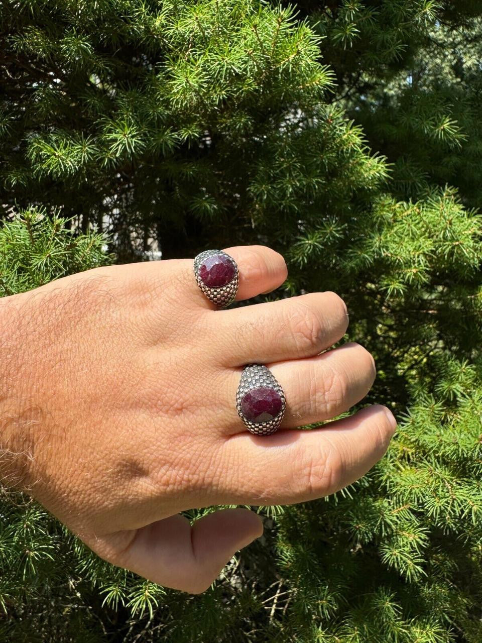 HarlemBling Black & White Ring - 925 Silver Oxidized - Genuine Red Ruby Stone