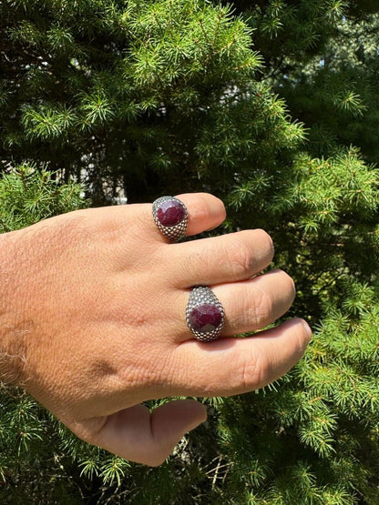HarlemBling Black & White Ring - 925 Silver Oxidized - Genuine Red Ruby Stone