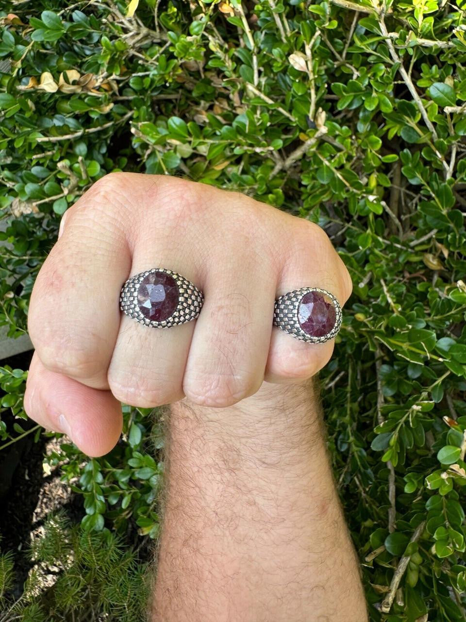 HarlemBling Black & White Ring - 925 Silver Oxidized - Genuine Red Ruby Stone