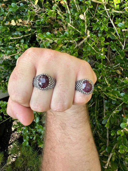 HarlemBling Black & White Ring - 925 Silver Oxidized - Genuine Red Ruby Stone