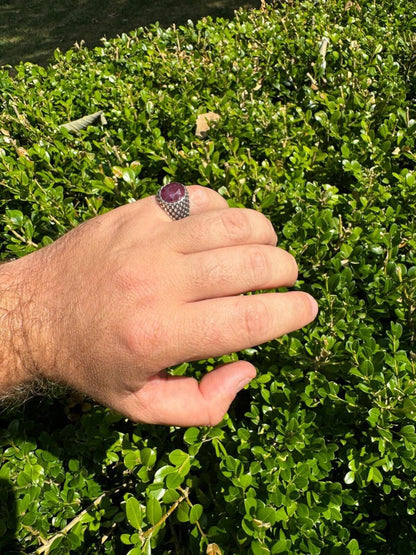 HarlemBling Black & White Ring - 925 Silver Oxidized - Genuine Red Ruby Stone