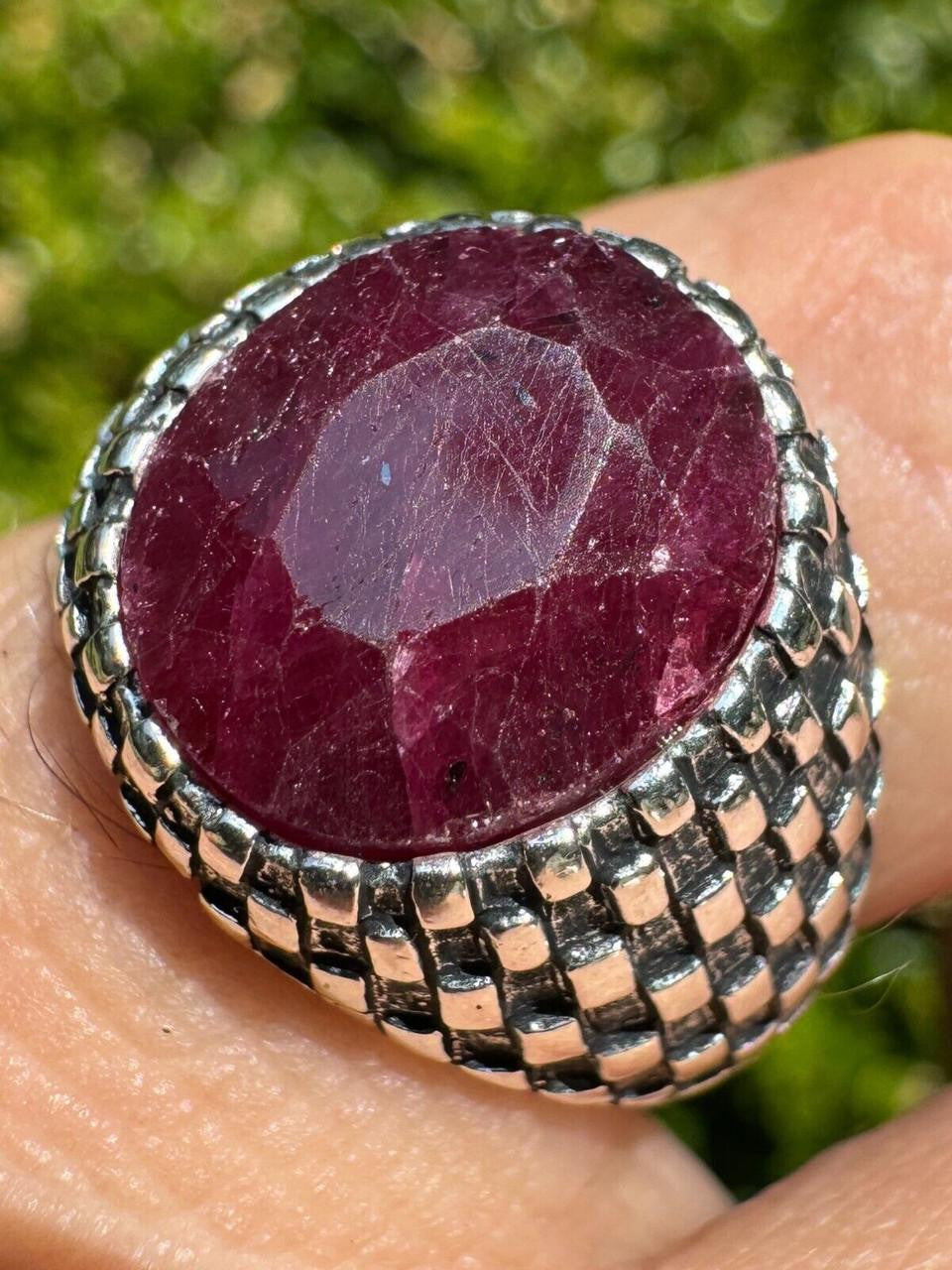 HarlemBling Black & White Ring - 925 Silver Oxidized - Genuine Red Ruby Stone