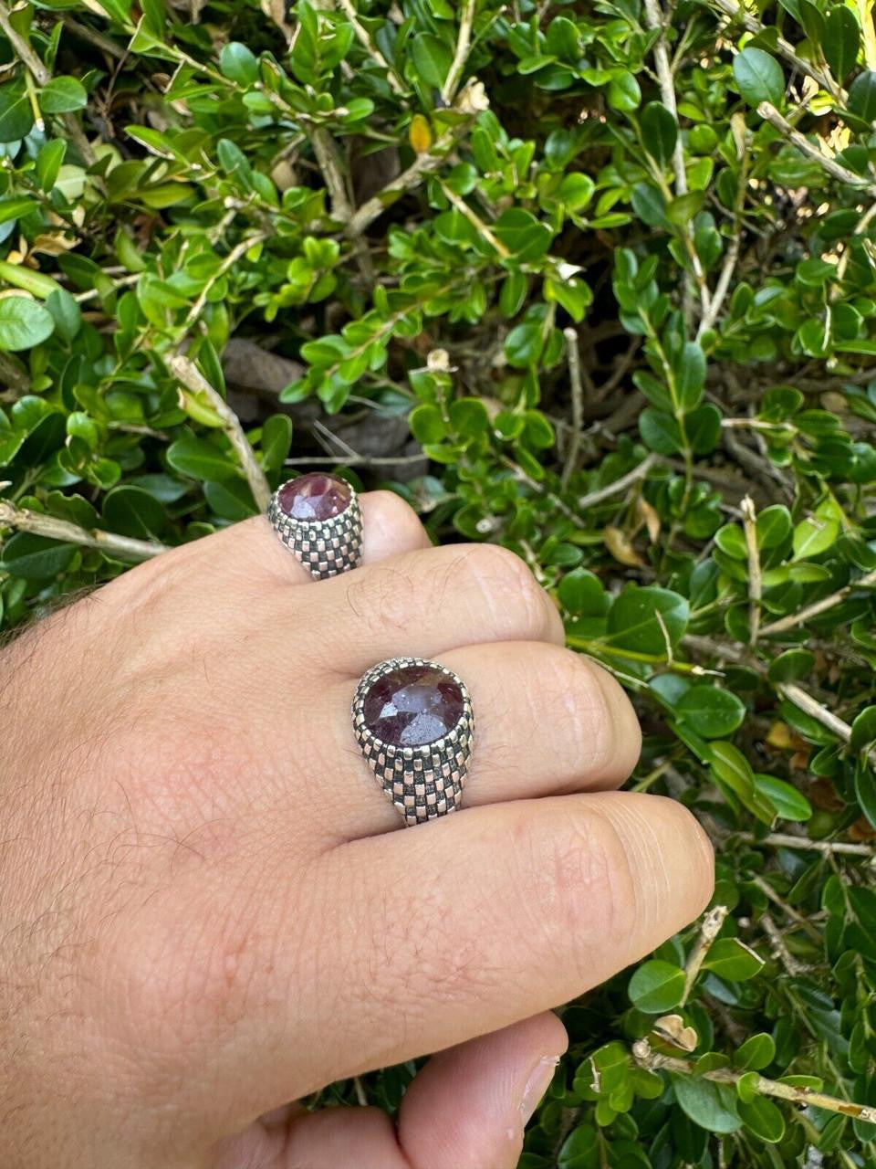 HarlemBling Black & White Ring - 925 Silver Oxidized - Genuine Red Ruby Stone