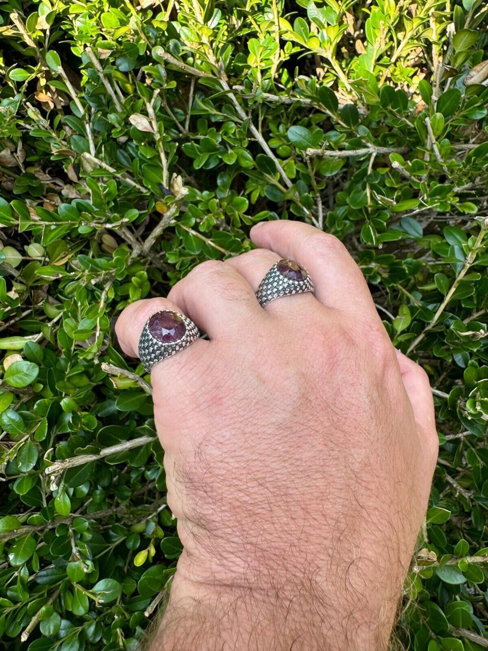 HarlemBling Black & White Ring - 925 Silver Oxidized - Genuine Red Ruby Stone