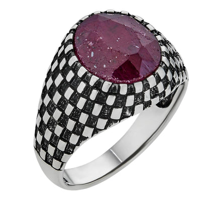 HarlemBling Black & White Ring - 925 Silver Oxidized - Genuine Red Ruby Stone