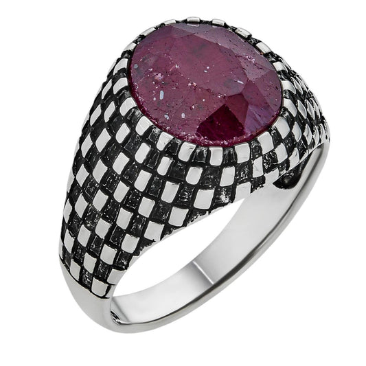 HarlemBling Black & White Ring - 925 Silver Oxidized - Genuine Red Ruby Stone