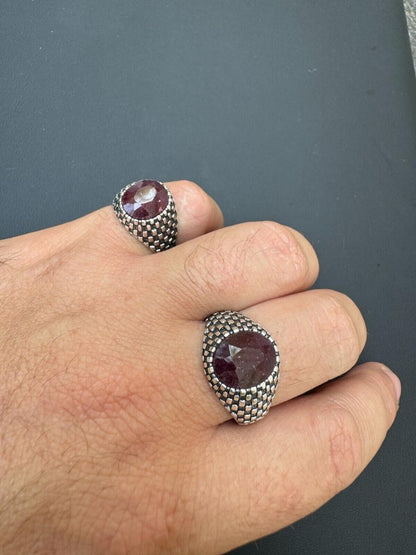 HarlemBling Black & White Ring - 925 Silver Oxidized - Genuine Red Ruby Stone