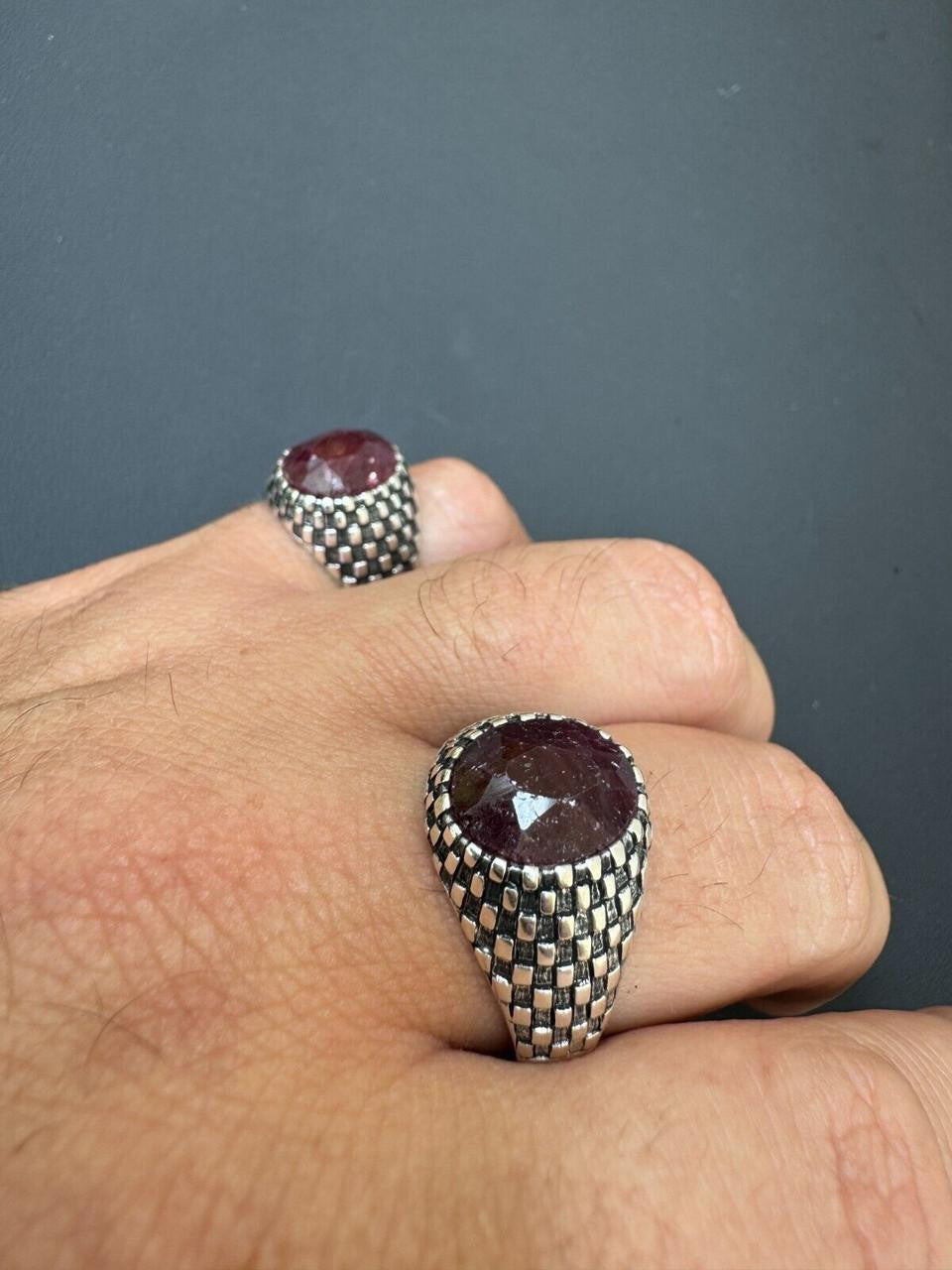 HarlemBling Black & White Ring - 925 Silver Oxidized - Genuine Red Ruby Stone