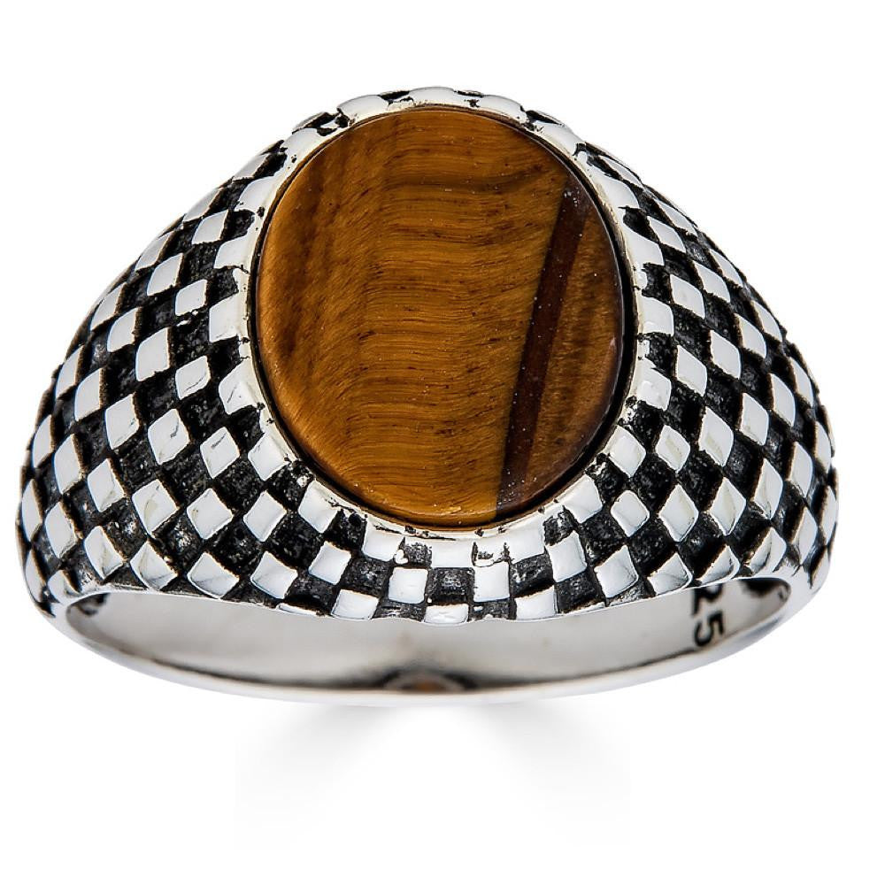 HarlemBling Black & White Ring - 925 Silver Oxidized - Genuine Tiger's Eye Stone