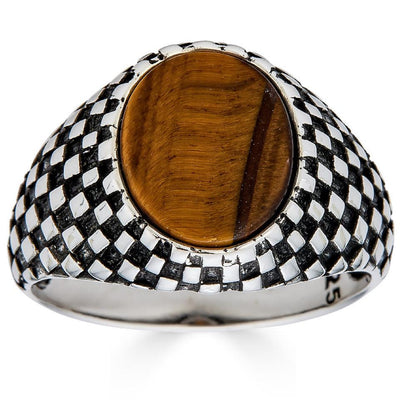 HarlemBling Black & White Ring - 925 Silver Oxidized - Genuine Tiger's Eye Stone