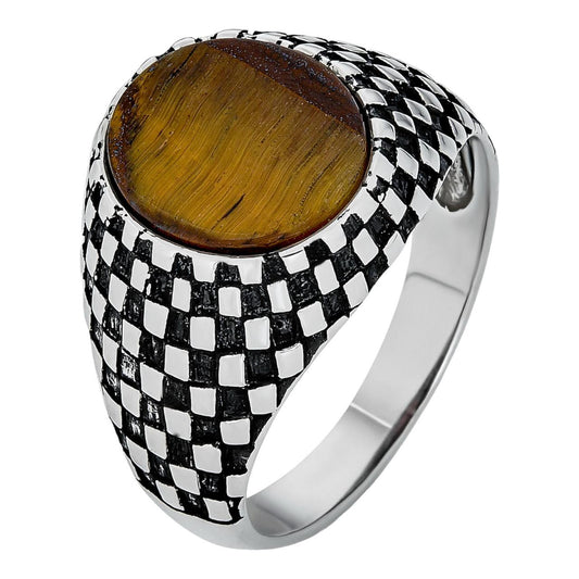 HarlemBling Black & White Ring - 925 Silver Oxidized - Genuine Tiger's Eye Stone