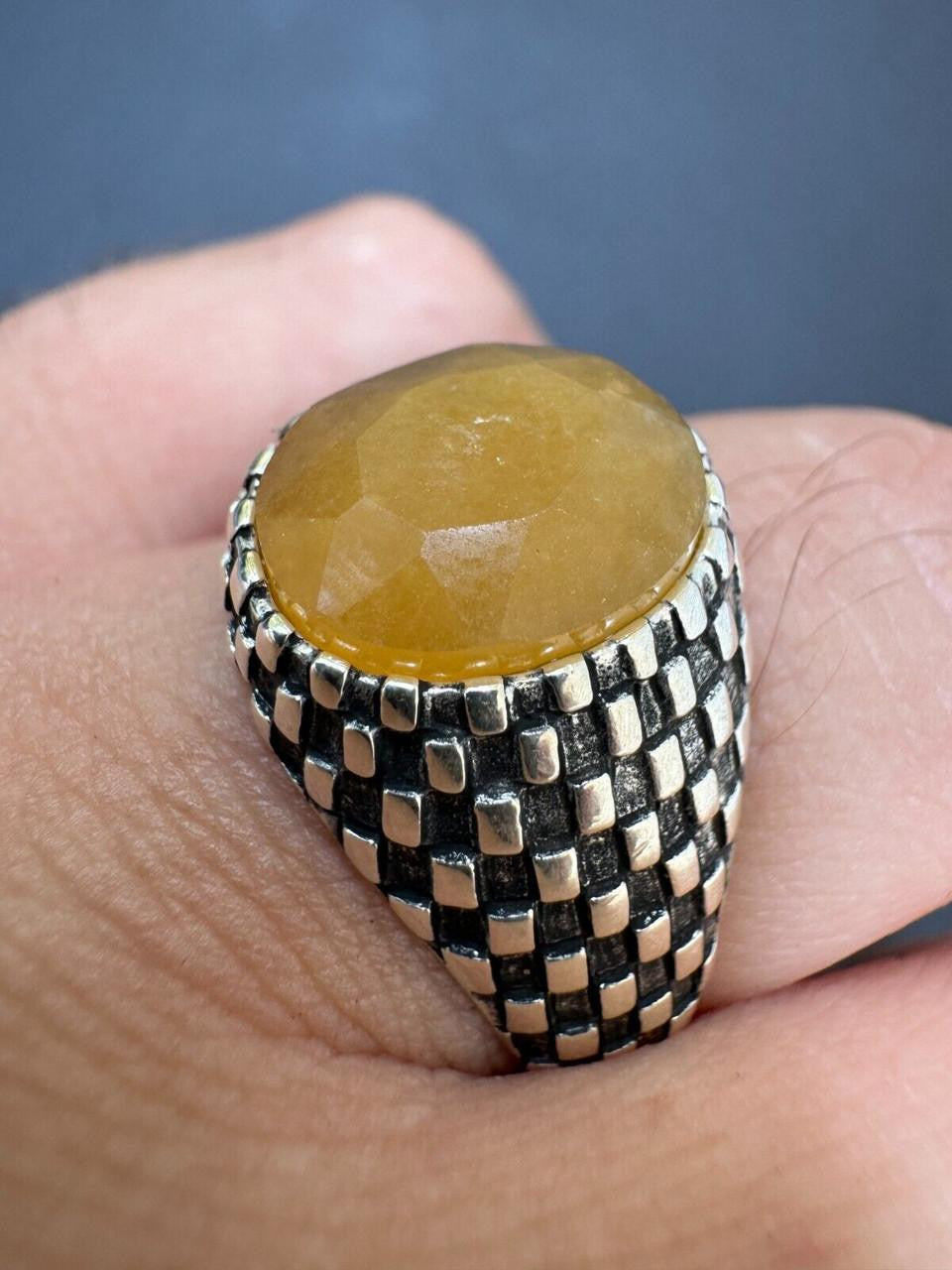 HarlemBling Black & White Ring - 925 Silver Oxidized - Genuine Yellow Sapphire Stone