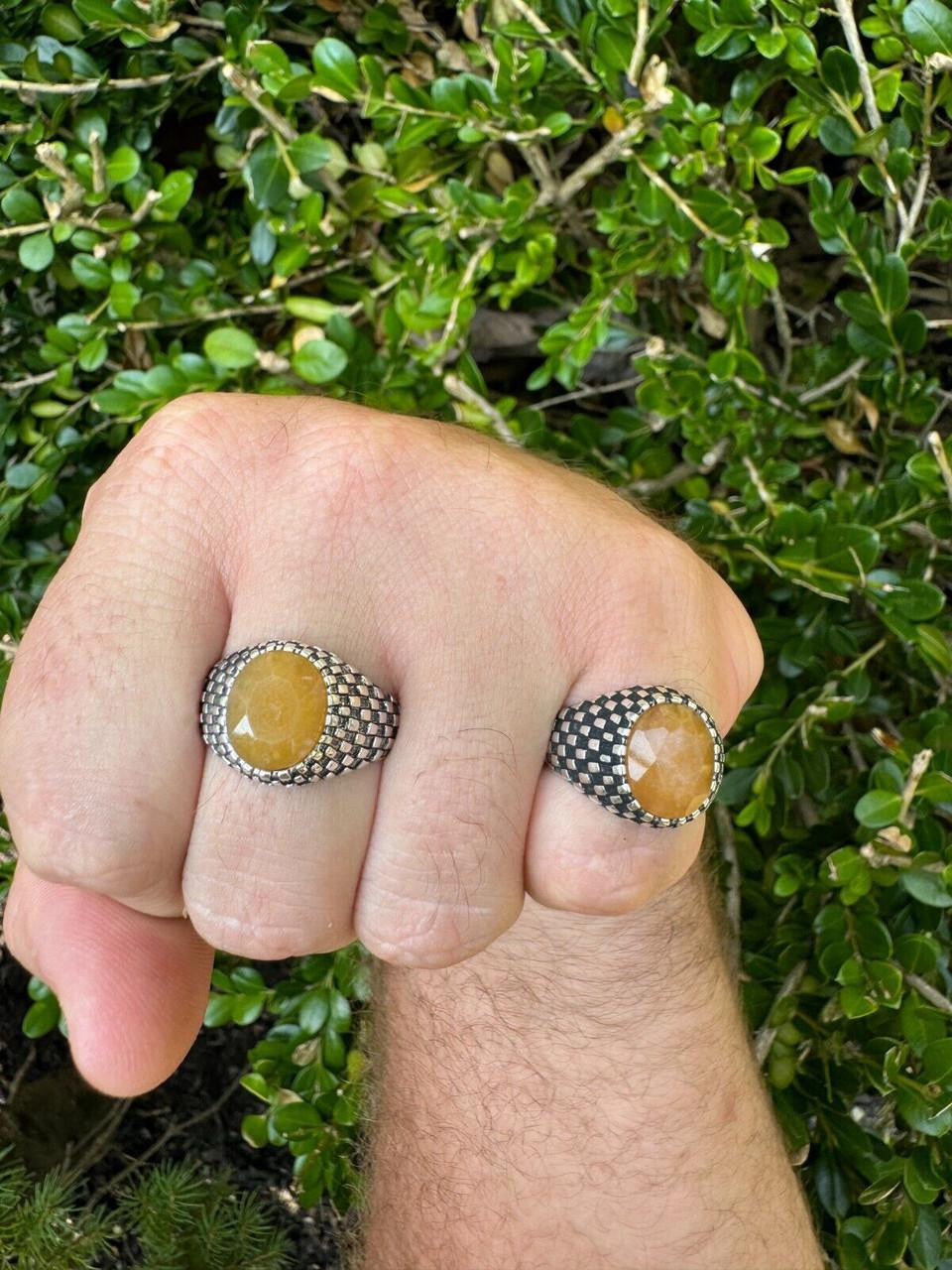 HarlemBling Black & White Ring - 925 Silver Oxidized - Genuine Yellow Sapphire Stone