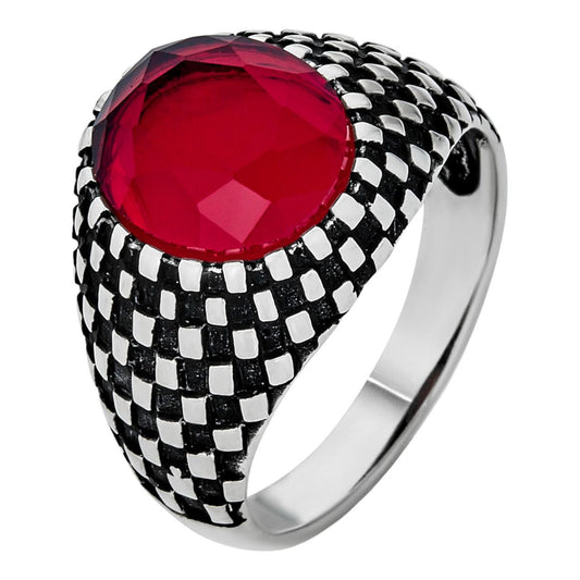 HarlemBling Black & White Ring - 925 Silver Oxidized - Red CZ Stone