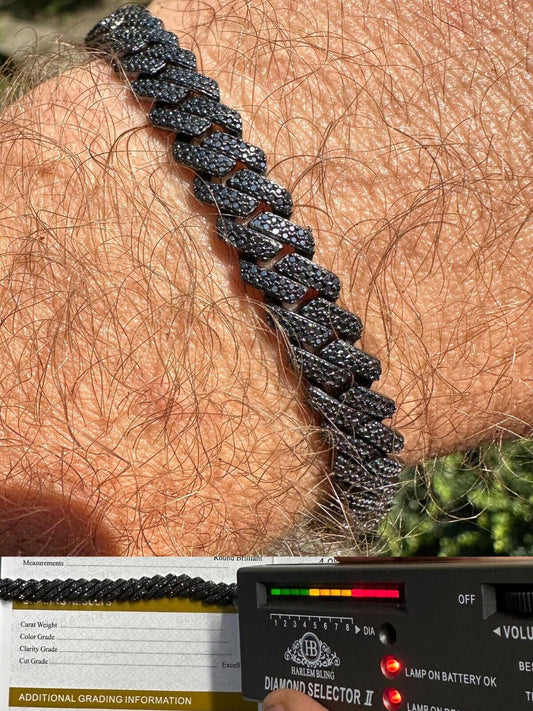 HarlemBling BLACK MOISSANITE 8mm Real Miami Cuban Link Prong Bracelet Iced Black Rhodium Over 925 Silver