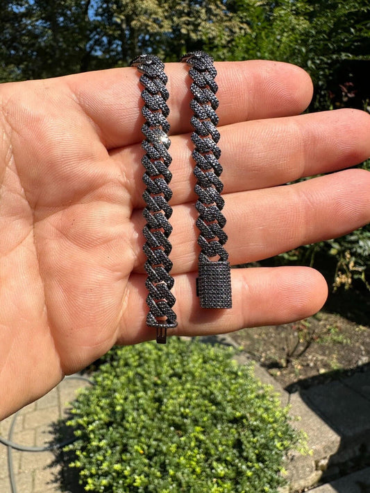 HarlemBling BLACK MOISSANITE 8mm Real Miami Cuban Link Prong Bracelet Iced Black Rhodium Over 925 Silver