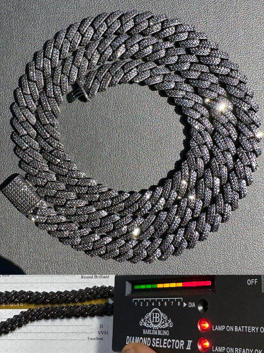 HarlemBling BLACK MOISSANITE 8mm Real Miami Cuban Link Prong Chain Iced Black Rhodium Over 925 Silver Necklace